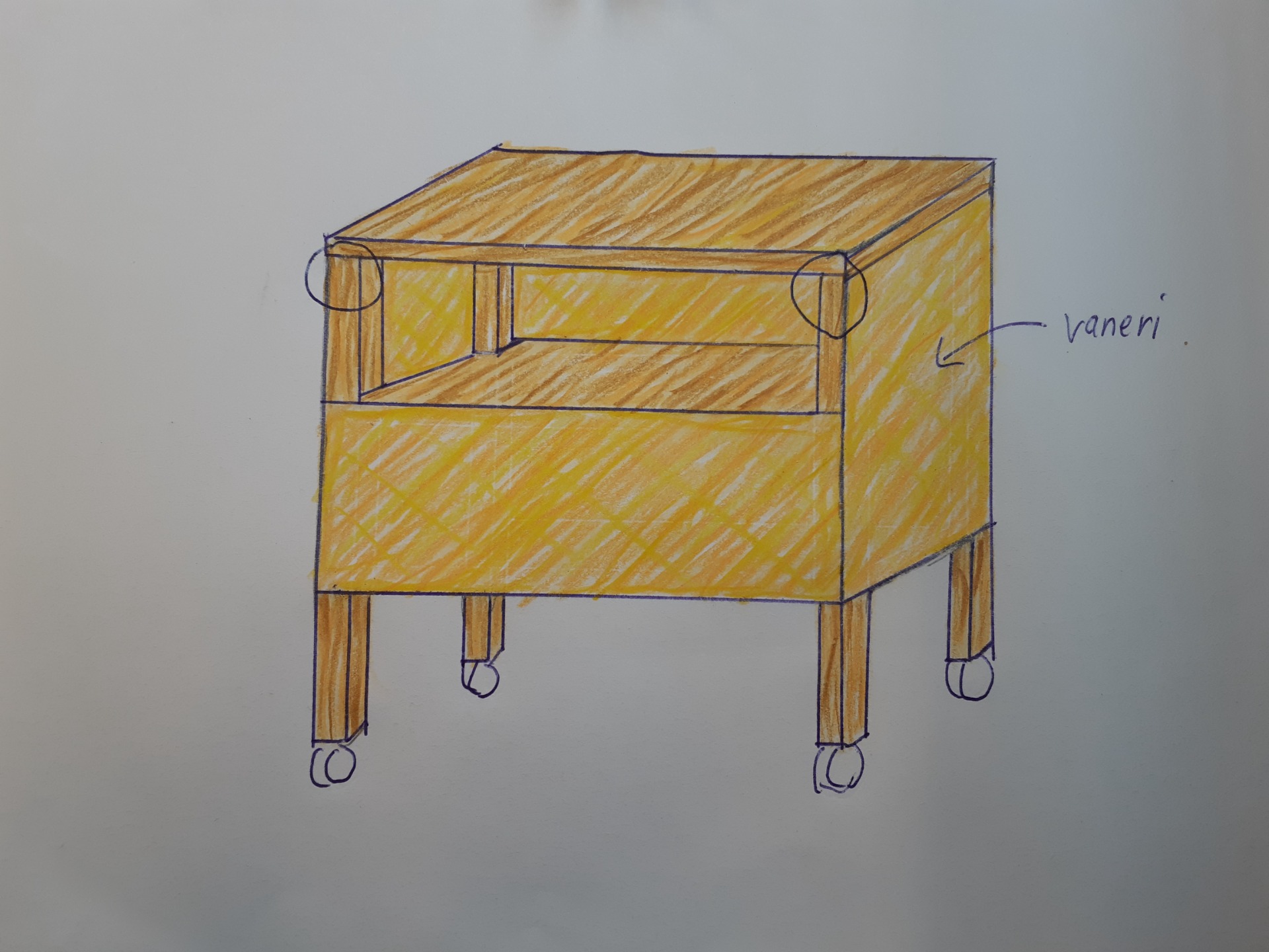 Ruusun luonnos tarpeistokärrystä näyttämölle